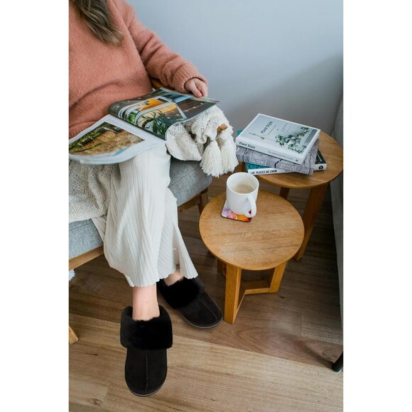 ⚡Women Dark Black Suede Fluff Dual Memory Foam Arch Support Warm Scuff Slipper - Picture 2 of 7